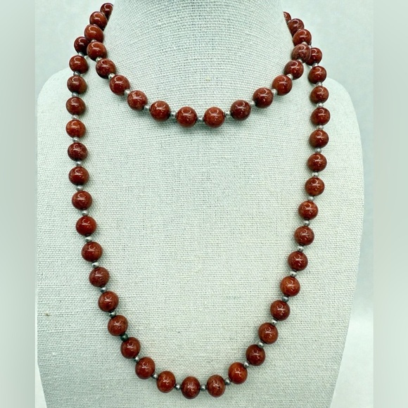 Sterling Silver Red Jasper Beaded Necklace – 30” Natural Gemstone Strand - Picture 4 of 17